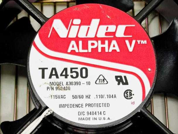 Close-up of Nidec Alpha V TA450 fan label — Model A30390-10, P/N 950400, 115VAC 50/60Hz, 0.110/0.104A