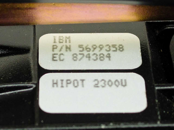 IBM label on fan assembly chassis showing P/N 5699358, EC 874384, and HIPOT 2300U marking