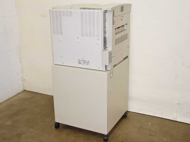 HP LaserJet 8100N C4215A printer and rolling cabinet — rear/side view showing ventilation and back panel