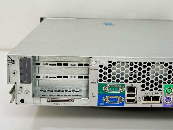 HP ProLiant DL380 rear panel angled view showing VHDCI, VGA, USB, and NIC ports