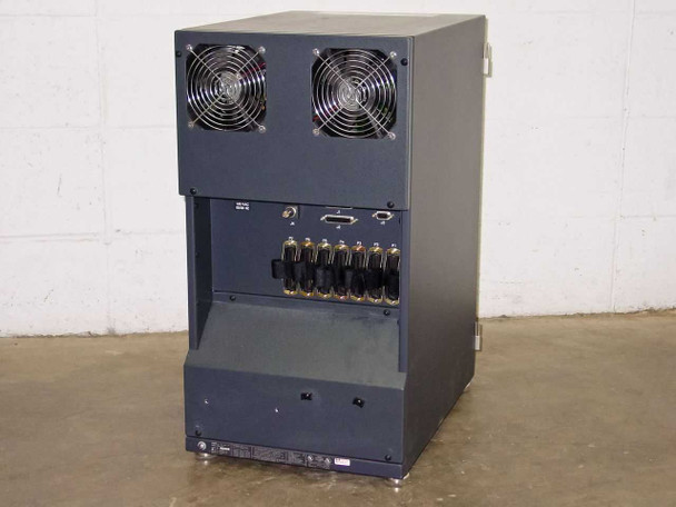 Octel VMX200 voicemail system – rear view showing dual cooling fans, DB25 and DB9 connectors, and seven bundled DB25 phone port cables