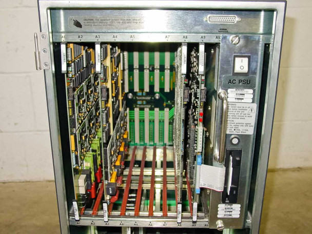 Octel VMX200 interior front view showing populated card slots A1 through A10 with AC PSU module and power switch visible at right