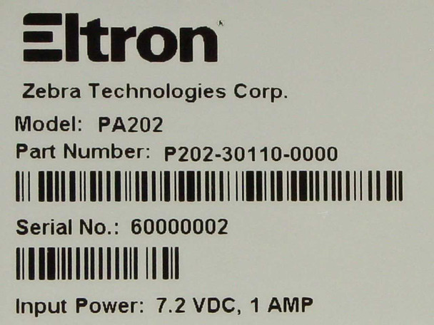 Eltron PA202 rating label showing model PA202, part number P202-30110-0000, and 7.2 VDC 1 AMP input power