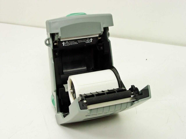 Zebra Eltron PA202 XPort printer with media compartment open showing thermal print mechanism and label roll loaded