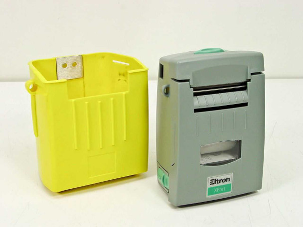Zebra Eltron PA202 XPort portable thermal printer shown alongside yellow carrying case, front view