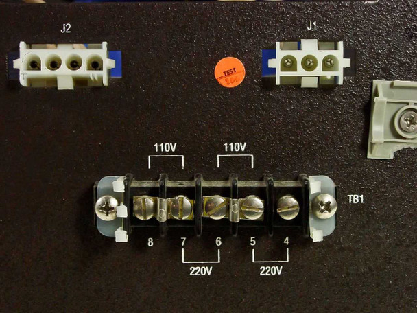 Siemens V30141-Z0113-A008 rectifier – close-up of rear terminal block showing 110V and 220V input taps on TB1 and orange TEST sticker