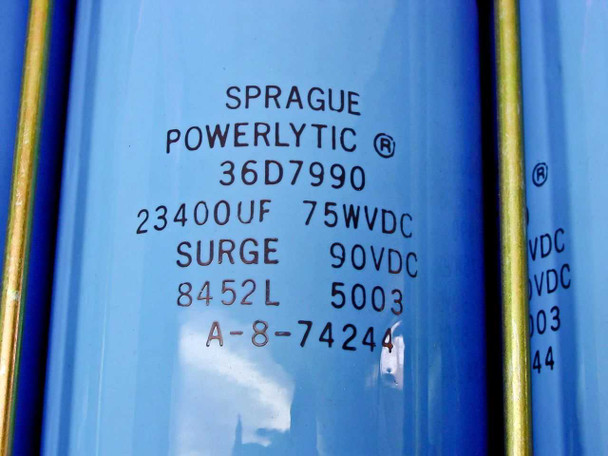 Internal Sprague Powerlytic 36D7990 capacitor label showing 23400uF 75WVDC 90VDC surge rating
