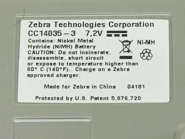 Zebra CC14035-3 label close-up showing 7.2V NiMH chemistry and manufacturer info