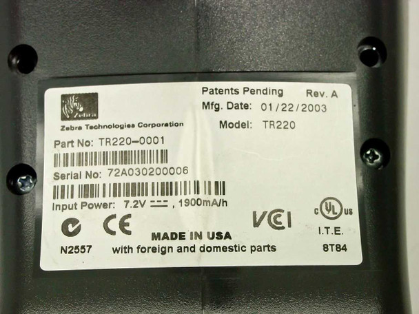 Zebra TR220-0001 bottom label showing Part No TR220-0001, Serial No, Rev A, Mfg Date 01/22/2003, 7.2V 1900mAh, Made in USA