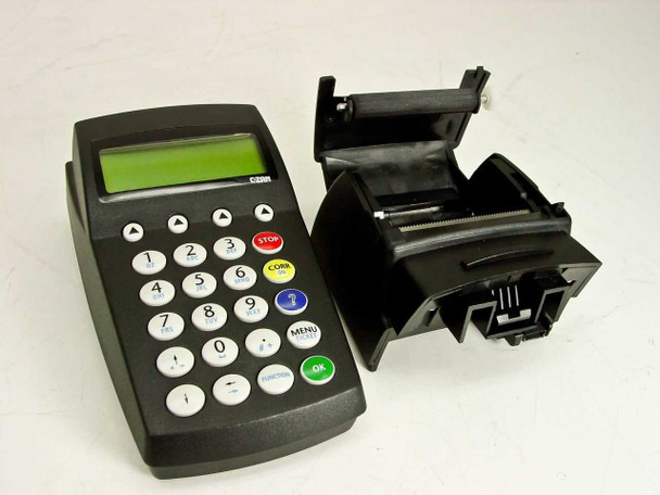 Banksys C-ZAM terminal base and printer module separated, showing keypad/display unit and detached printer assembly side by side