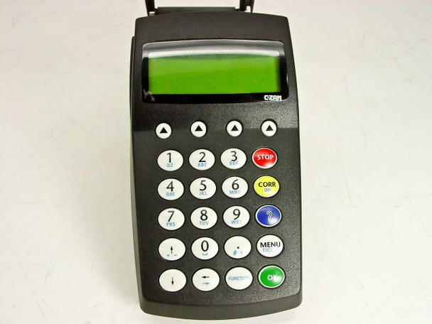 Banksys C-ZAM Smash Merchant Unit – direct front view showing full keypad layout with STOP, CORR, MENU, and OK function keys and backlit LCD
