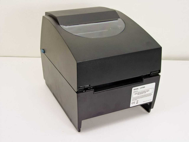 Lukhan LK-B20 barcode label printer – rear-right three-quarter view showing model label and CE certification mark