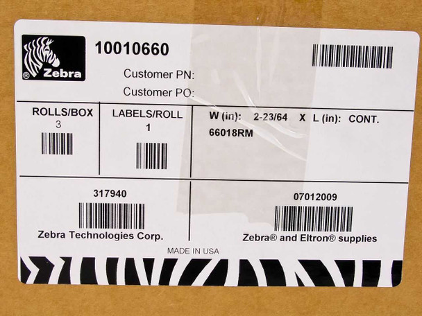 Zebra 10010660 box label showing part number, 3 rolls per box, 2-23/64" wide continuous size, model 66018RM, made in USA