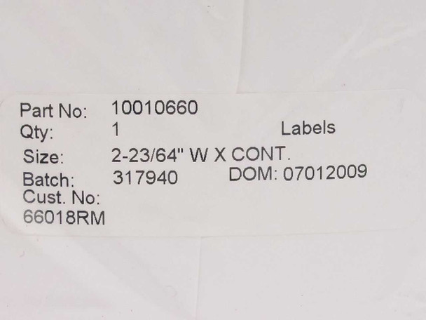 Zebra 10010660 roll label showing part number, size 2-23/64" x continuous, batch 317940, DOM 07012009, customer number 66018RM