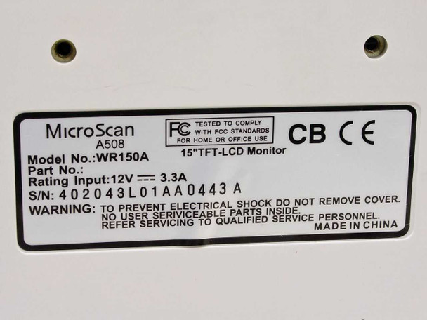ADI MicroScan A508 rear label showing model WR150A, 12V 3.3A power rating, FCC, CB, CE markings, and serial number