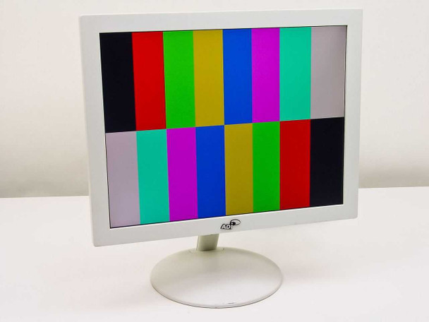 ADI MicroScan A508 15-inch TFT LCD monitor front view displaying color bar test pattern on white stand