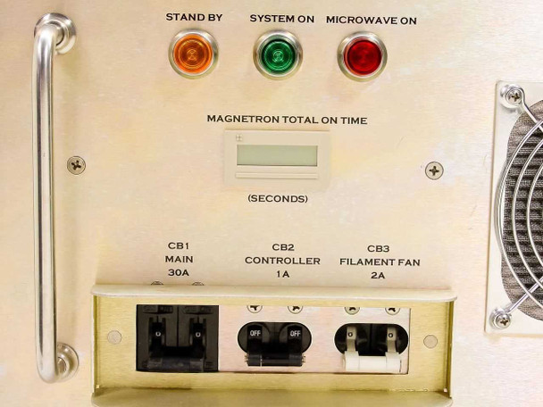 Gasonics Scorpion DC Section front panel close-up — Stand By amber indicator, System On green indicator, Microwave On red indicator, Magnetron Total On Time digital display in seconds, CB1 Main 30A, CB2 Controller 1A, CB3 Filament Fan 2A circuit breakers