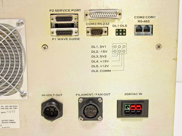 Gasonics Scorpion DC Section rear panel close-up — P1 Wave Guide connector, P2 Service Port (DB25), COM3 RS-232 (DB9), DL1-DL6 voltage logic lines labeled, COM2/COM1 RS-485 port, Hi-Volt Out, Filament/Fan Out multi-pin connectors, 208VAC input