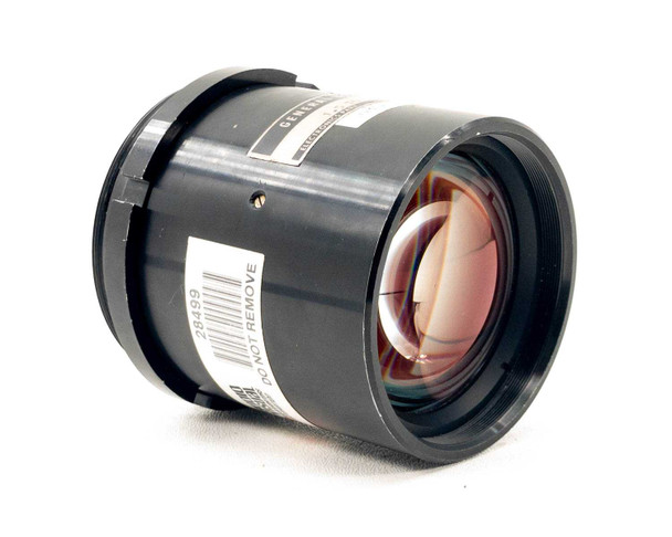 General Electric GS-028 projector lens angled three-quarter view showing bayonet housing, label, and anti-reflection coated front glass element