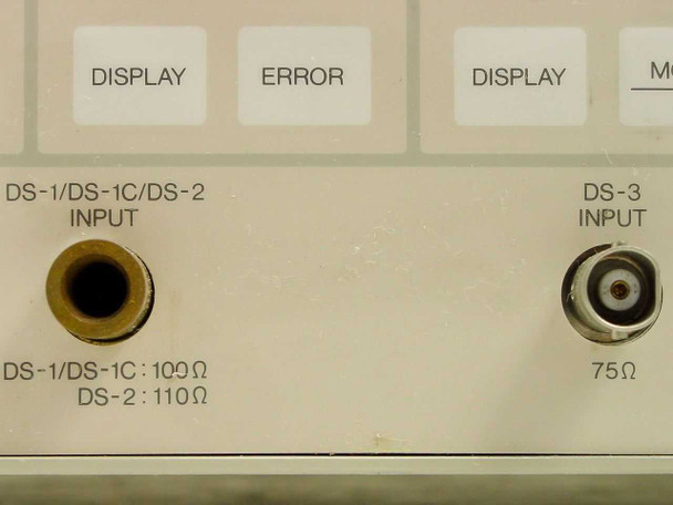 Anritsu ME3401A front panel lower-right close-up showing DS-1/DS-1C/DS-2 input connector (100Ω/110Ω) and DS-3 input BNC connector (75Ω)