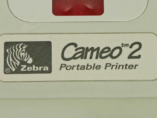 Zebra Cameo 2 label close-up showing Zebra logo and 'Cameo 2 Portable Printer' model name printed on housing