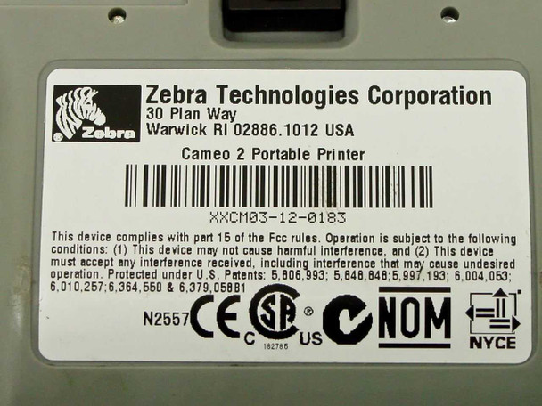 Zebra Cameo 2 bottom label showing model 'Cameo 2 Portable Printer', serial number barcode XXCM03-12-0183, FCC/CE/CSA/NOM/NYCE certifications, and Zebra Technologies Corp address