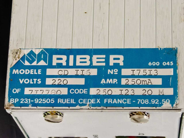 ISA Riber rating label showing Model CD 116, 220V, 250mA, Code 250 I23 20 M, serial number I75I3, Rueil Cedex France