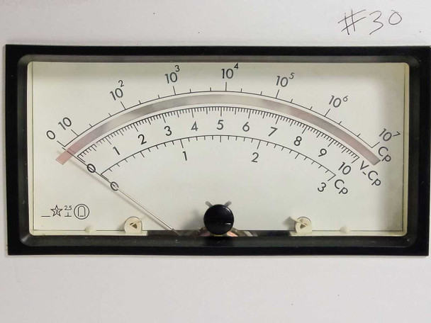 Riber CD 116 analog panel meter close-up showing logarithmic Cp and Y.Cp scale from 10 to 10^7