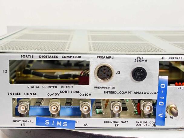 Riber CD 116 rear panel showing BNC connectors for input signal, DAC output, counting gate, analog counter output, SIMS label, preamplifier DIN connector, and digital counter output header J2
