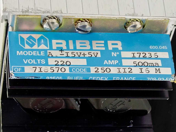 ISA Riber power supply module rating label showing Model A ±15V +5V, 220V, 500mA, Code 250 II2 I6 M, serial I7236