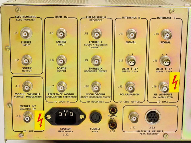 Riber TCA 380 rear connector panel close-up showing labeled BNC jacks for Electrometer, Lock-In, Recorder, Interface R, Interface C, HV, Grid Optics, and Peak Selector