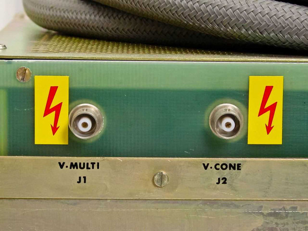 Riber TCE-300 rear panel – V.Multi J1 and V.Cone J2 BNC connectors with high-voltage warning labels