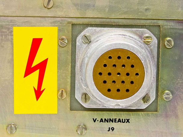 Riber TCE-300 rear panel – V.Anneaux J9 large multi-pin circular connector with high-voltage warning label