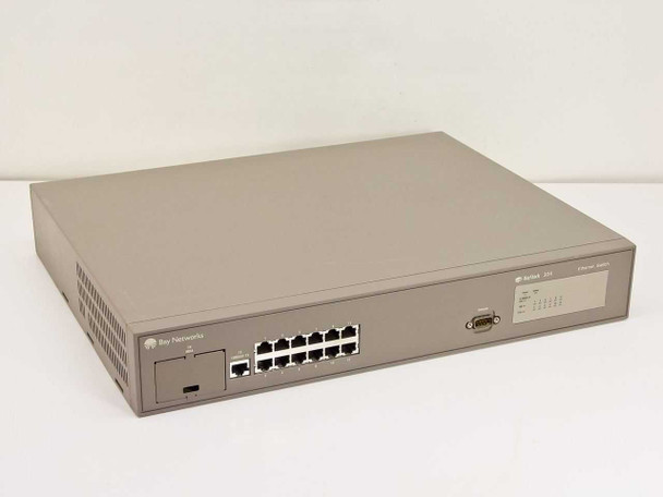 Bay Networks BayStack 304 AL2001E05 12-port Ethernet switch — front and right-side angled view showing front panel ports and console DB-9 port