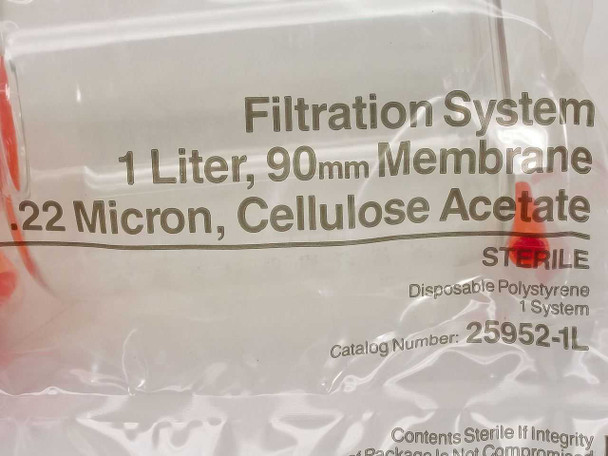 Corning 25952-1L label detail showing 1 Liter 90mm Membrane, 0.22 Micron Cellulose Acetate, Sterile, Disposable Polystyrene, Catalog Number 25952-1L