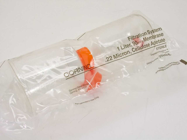 Corning 25952-1L 1-liter 90mm 0.22 micron sterile filtration system sealed in original manufacturer bag – front label view