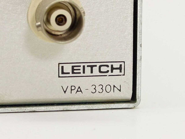 Leitch VPA-330N rear panel corner detail showing Leitch logo, VPA-330N model label, and BNC connector