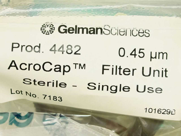 Gelman Sciences AcroCap 4482 product label showing Prod. 4482, 0.45 µm, Sterile, Single Use, Lot No. 7183