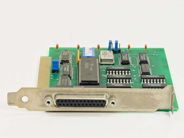 Burndy 107-103-3AM1 ISA controller card – angled three-quarter view showing PCB component layout, crystal oscillator, and DB25 female bracket connector