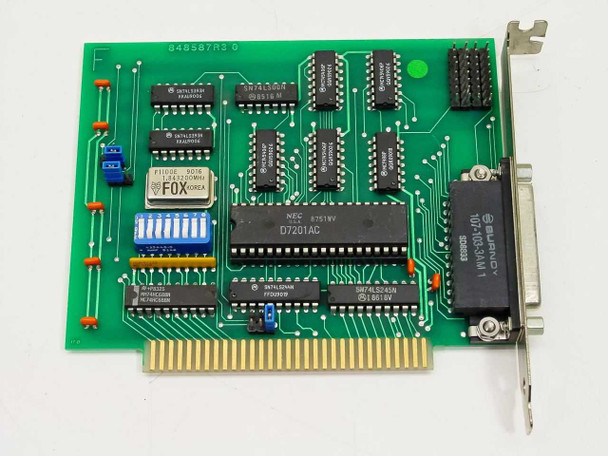 Burndy 107-103-3AM1 ISA controller card – component side showing NEC D7201AC main controller IC, Fox crystal oscillator, DIP switch bank, and DB25 connector on bracket