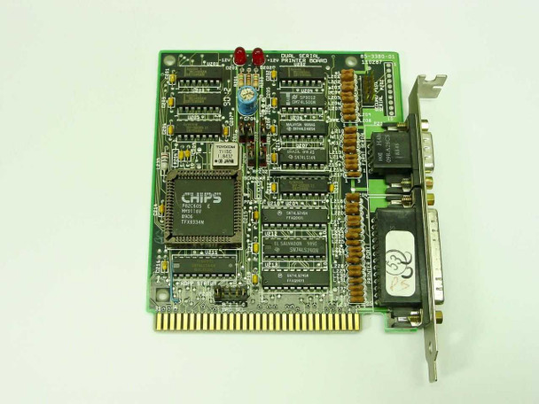 Packard Bell 181-7599-10 ISA Dual Serial Printer I/O Card – top/component side showing CHIPS controller IC, logic chips, DB9 and DB25 brackets