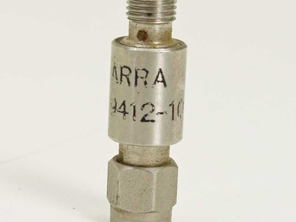 Arra N9412-10 attenuator close-up of body label reading ARRA 9412-10 with Type N connectors visible