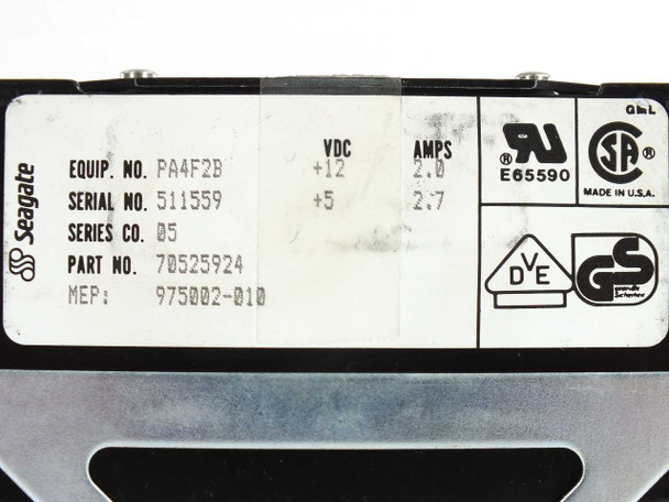 Seagate PA4F2B rating plate label showing equip no. PA4F2B, part no. 70525924, MEP 975002-010, +12V/2.0A and +5V/2.7A power ratings