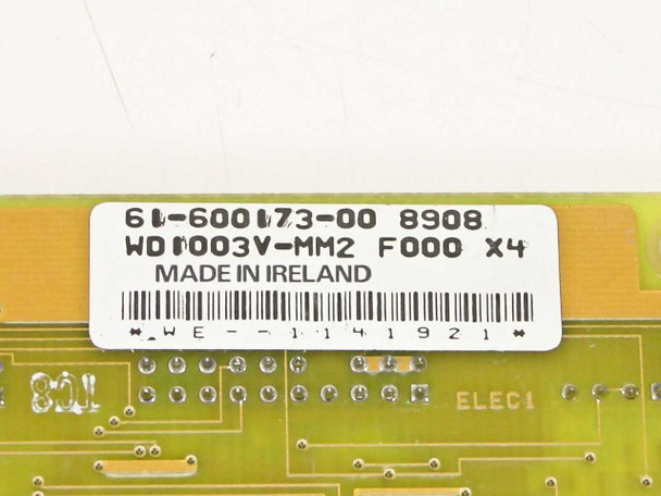 Western Digital WD1003V-MM2 controller card label close-up showing part number 61-600173-00, date code 8908, model WD1003V-MM2 F000 X4, and Made in Ireland marking