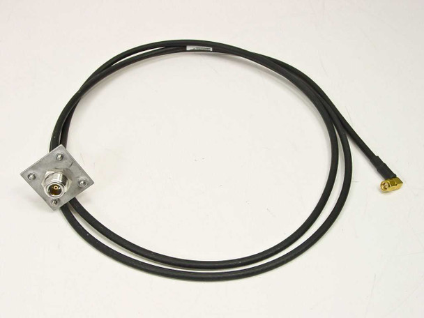 Rosenberger 994296c coaxial cable full view — N bulkhead female panel mount end on left, SMA right angle male end on right