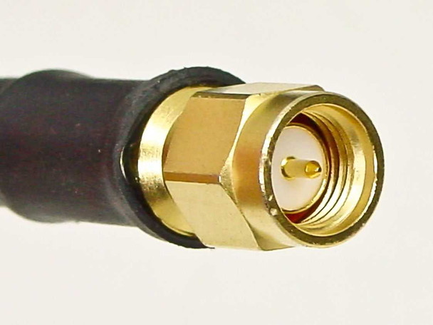 Close-up of gold SMA right angle male connector on Rosenberger 994531a RF coaxial cable