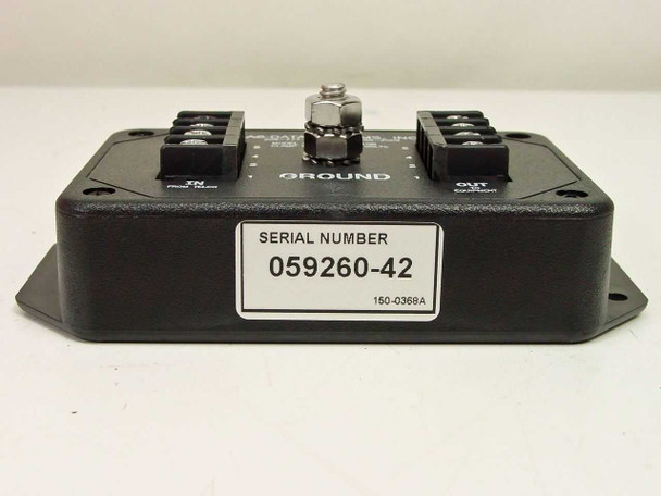 AC Data Systems TJ1010B TVSS – rear/side view showing serial number label 059260-42 and bottom-mounted RJ-48C port