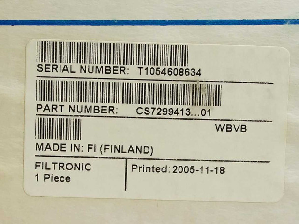 Nokia WBVB CS7299413 box label showing serial number T1054608634, part number CS7299413...01, made in Finland, Filtronic, printed 2005-11-18