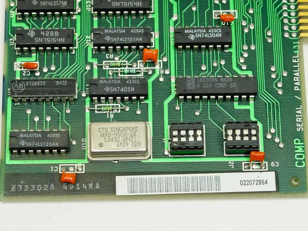 IBM 6320947 card component detail – CTS Singapore oscillator MXO-55GR-40 at 1.8432 MHz and Texas Instruments/SN logic ICs