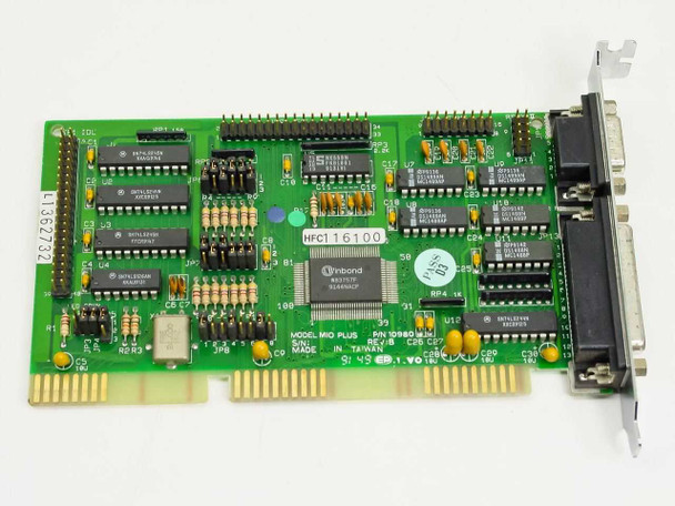 MIO Plus 10980 ISA I/O Interface Card – top-side view showing PCB layout, Winbond W83757F main chip, and dual DB25/DB9 bracket connectors